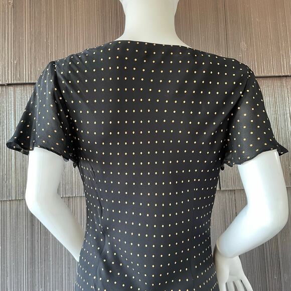 🔥Donna Ricco 10% Silk Black & Brown Polkadots Bias Cut Flutter Sleeve Dress - Picture 7 of 16